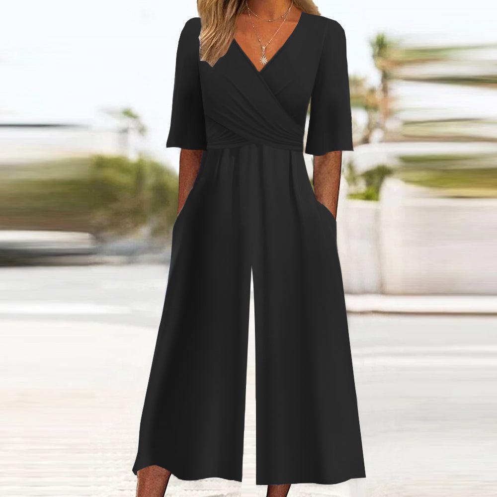 Nancy™ - Black Solid Color Half Sleeves Side pocket Jumpsuit