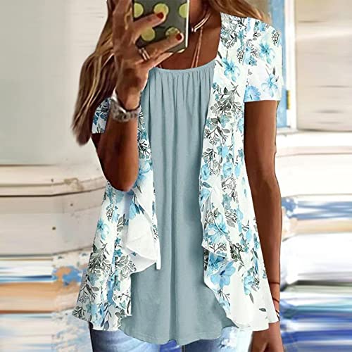 Lexi™ - Blouses for Women Dressy Casual Crewneck Short Sleeve T Shirts Summer Elegant Floral Printed Cardigan Two Piece Tops