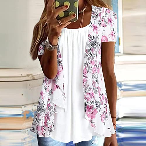 Lexi™ - Blouses for Women Dressy Casual Crewneck Short Sleeve T Shirts Summer Elegant Floral Printed Cardigan Two Piece Tops