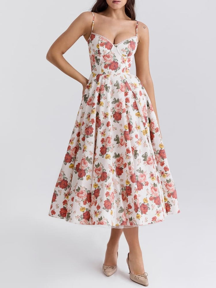 Marzia™ - Rose Print Tulle Midi Dress