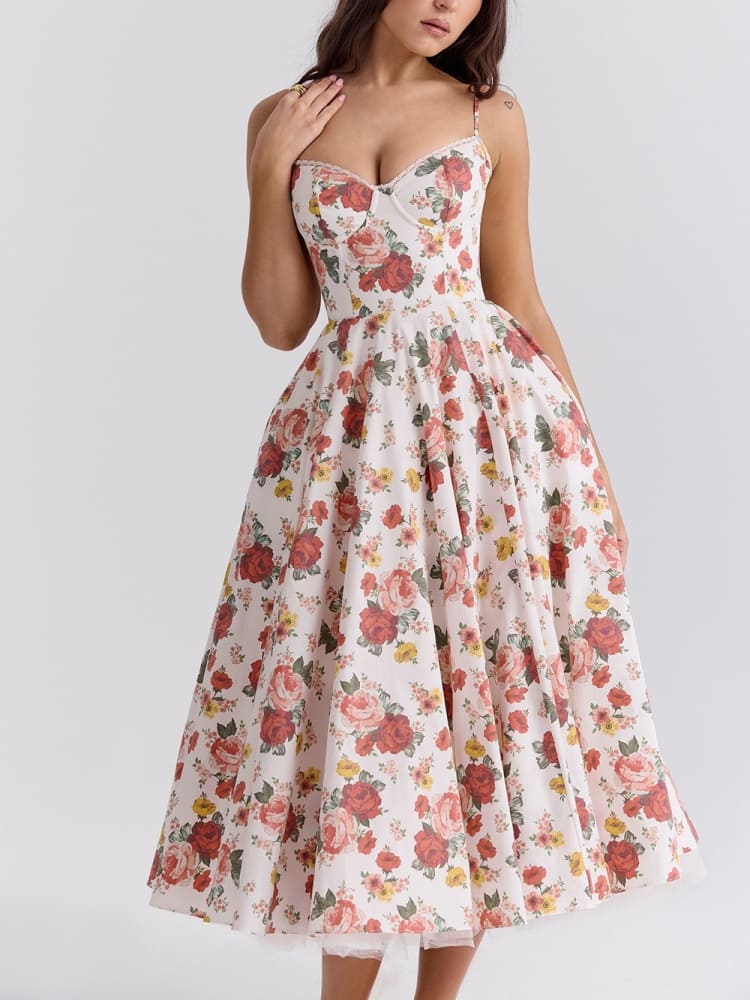 Marzia™ - Rose Print Tulle Midi Dress